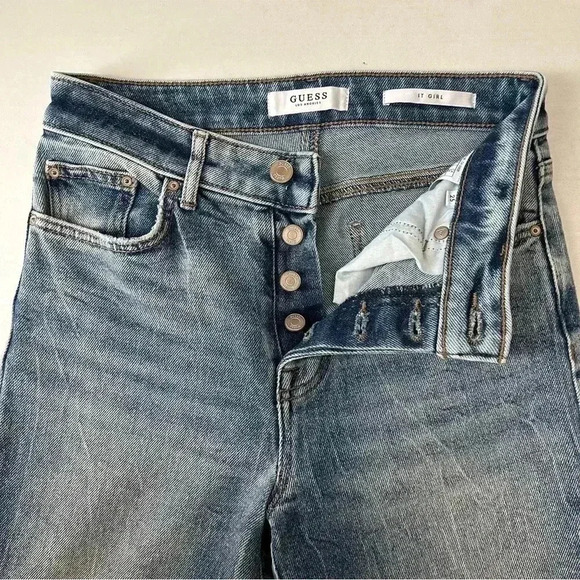 Guess It Girl Jeans  Straight Leg 10” Rise Button Fly Raw Step Hem Blue Size 25 - Picture 10 of 16